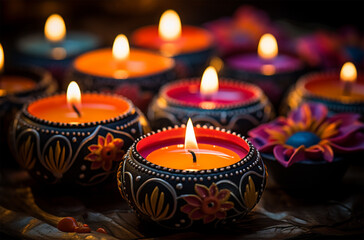 Beautiful diwali diya with burning candles on dark background