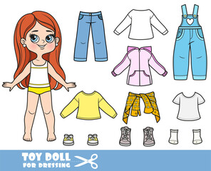 Cartoon brunette longhaired girl  and clothes separately -  long sleeves, t-shirts, jacket, jeans and sneakers doll for dressing