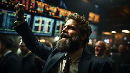 Obraz premium Hands of Businessman raised fist air Celebration victory, success and winning concept. sunlight effect.