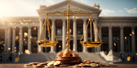Fairness scales of justice with golden coins against court house building in the background