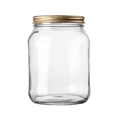 Empty glass jar with golden lid isolated on white. AI generated