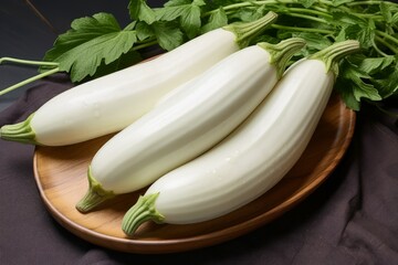 Fresh white eggplants on table top view. Agriculture green cooking plant. Generate Ai