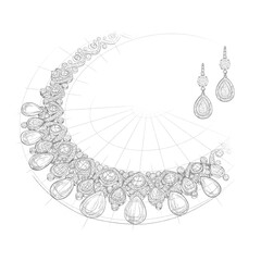 Pencil drawing of a necklace and a earrings with precious stones on a white background. Isolated sketch.  Advertising material. - 667578821