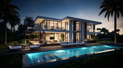 3d rendering of modern cozy house with pool and parking for sale or rent in luxurious style and beautiful landscaping on background. Clear summer night with many stars on the sky.