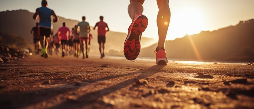 Seaside Trail Running: Close-Up of Runner Group at Sunrise