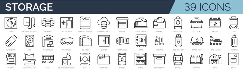 Set of 45 outline icons related to storage. Linear icon collection. Editable stroke. Vector illustration - obrazy, fototapety, plakaty