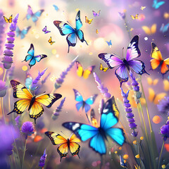 Fototapeta na wymiar A sunny summer nature background sets the stage for a breathtaking display of beauty. Graceful butterflies flutter amidst a mesmerizing sea of lavender flowers, bathed in the golden hues of sunlight. 