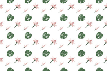 Monstera leave with flower as seamless pattern background