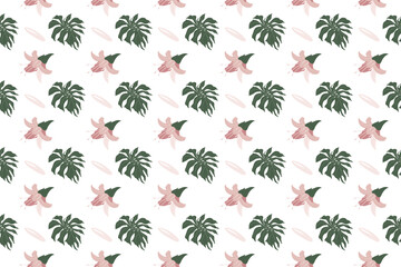 Monstera leave with flower as seamless pattern background