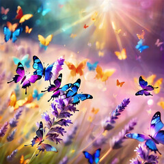 A sunny summer nature background sets the stage for a breathtaking display of beauty. Graceful butterflies flutter amidst a mesmerizing sea of lavender flowers, bathed in the golden hues of sunlight.
