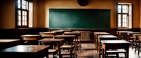 old-fashioned classroom without a pupil. classroom with a chalk board and desks - obrazy, fototapety, plakaty