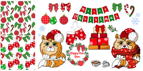 set of vector Christmas illustration with cute cat and two seamless colour patterns