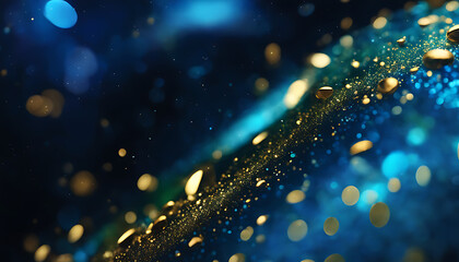 Background in an abstract magic blue with golden sparkles. An image of a blue liquid with gold glitter and green undertones. Green and blue hues in various tones, with splashes and flows of gold