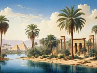 Ancient Egypt: Vintage Landscape Wallpaper of Palms, Trees, and Nile Temples. Generative AI.