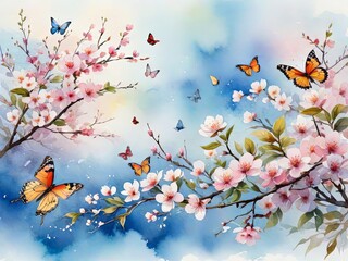 Blossoms, Flowers, Branches, and Butterflies with Sky Background. 