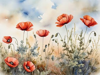 Landscape Watercolor Painting: Blossoms and Flowers in Serene Harmony. 