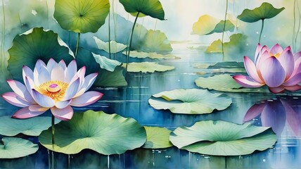 Influential Watercolor Lotus Painting: Harmonious Floral Elegance. Generative AI.