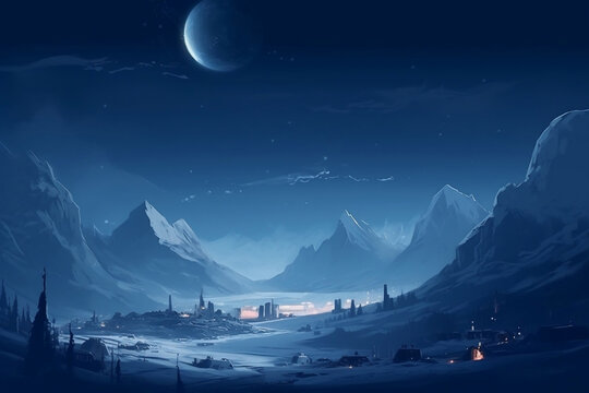 Night mountain landscape of the cold planet with space settlement generative ai