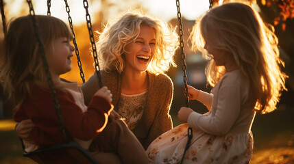 Happy family having fun on a swing ride at a garden a autumn day