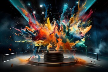3D rendering of a stage with fire and smoke in it.