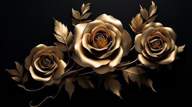 Golden roses on black background. Elegant golden roses flowers wall art