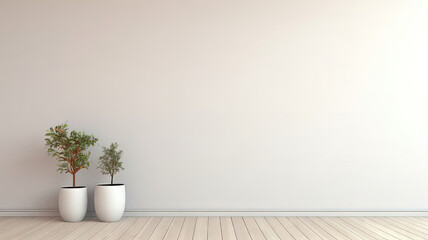 This minimalistic cozy interior design of an empty room with vases, wood flooring, 
Minimal home interior design idea.