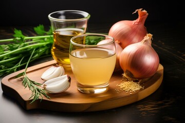 Onion juice in a glass with its ingredients on a cutting board against a gray background. Generative AI