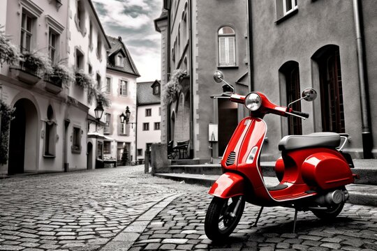 Retro image with color key effect: black white photo of old town with red vintage scooter. Generative AI