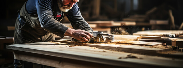 Carpenter working with equipment on wooden table in carpentry shop. woman works in a carpentry shop.