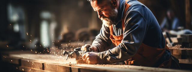 Carpenter working with equipment on wooden table in carpentry shop. woman works in a carpentry shop.