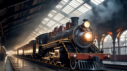 a steam locomotive smokes on the tracks inside a retro station at a train station - obrazy, fototapety, plakaty