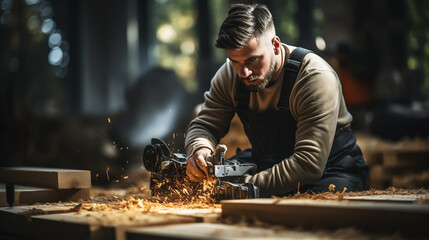 Carpenter working with equipment on wooden table in carpentry shop. woman works in a carpentry shop.