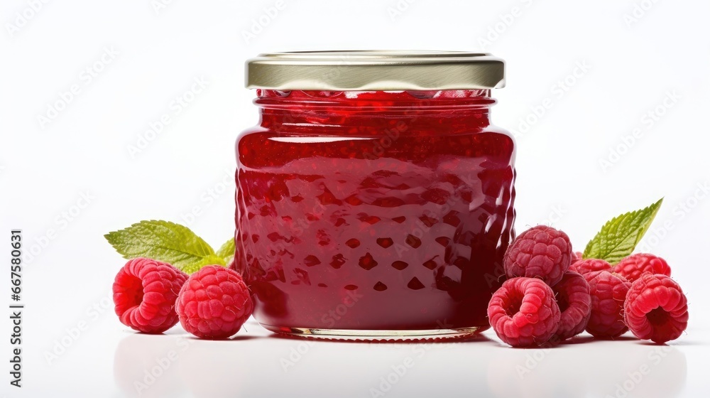 Poster raspberry jam with raspberry berries isolated on white background