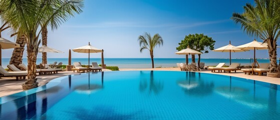 Fototapeta na wymiar Tropical Paradise: Luxurious Poolside by the Sea