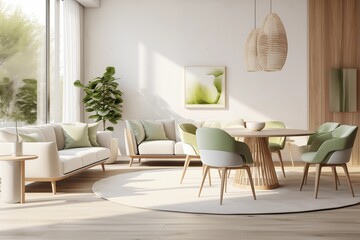 living room and dining room with sofas with mint-colored pillows, round wooden table and chairs and a flower in a pot, modern home interior design
