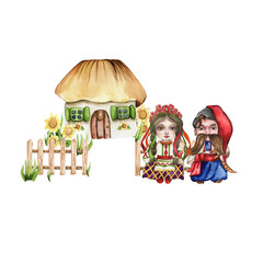Composition of girl and boy gnome in national ukrainian costume ,country houses and flowers. Design for baby shower party, birthday,cake, holiday celebration design, greetings card, invitation.
