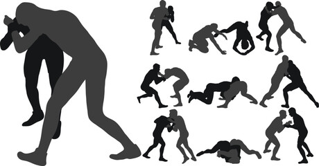 Set of silhouettes athletes wrestler in wrestling, fighting. Greco Roman wrestling, fight, combating, struggle, grappling, duel, mixed martial art, sportsmanship
