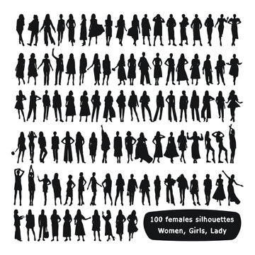 100 females silhouettes. Woman, women, lass, lady, girl, teenagers, youth