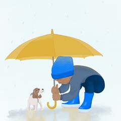 Child and umbrella. Baby and dog on a rainy day. Taking care of a pet. 