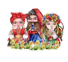 Composition of girl and boy gnome in national ukrainian costume standing in flowers. Design for baby shower party, birthday,cake, holiday celebration design, greetings card, invitation.