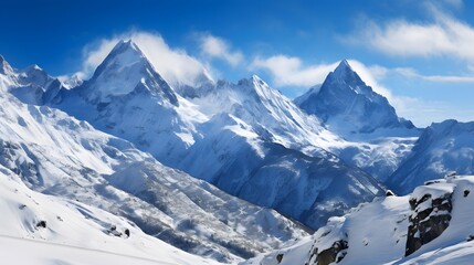 Panoramic view of snowy mountains in the French Alps in winter