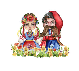 Composition of girl and boy gnome in national ukrainian costume standing in flowers. Design for baby shower party, birthday,cake, holiday celebration design, greetings card, invitation.