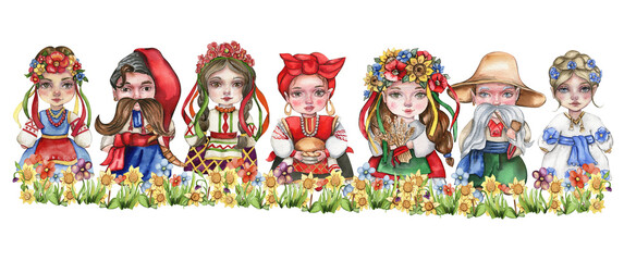 Composition of girl and boy gnome in national ukrainian costume standing in flowers. Design for baby shower party, birthday,cake, holiday celebration design, greetings card, invitation.