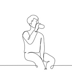 man sitting drinking from a bottle - one line art vector. thirst quenching concept