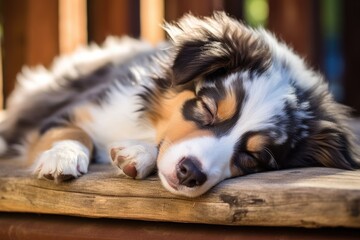 sleeping australian shepherd puppy, sunlit fur on rustic wood, cute dog portrait, ai generated