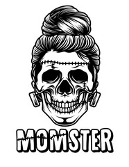 Momster Skull Mom Vector, MomLife Clipart, Monster Mom Tshirt Design, Halloween Custom, Zombie Mom Illustration, Bun Hair Mom Cutfile, Skull Mom Stencil, La Muerte, Sugar Skull Mama