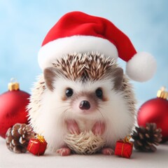 a cute little hedgehog wearing a santa hat at christmas time generative ai