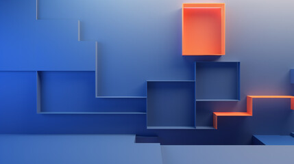 Minimalist 3D abstract background with squares in blue orange colors