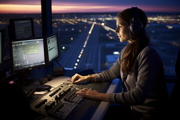 Air Traffic Controller in Airport Control Tower - obrazy, fototapety, plakaty