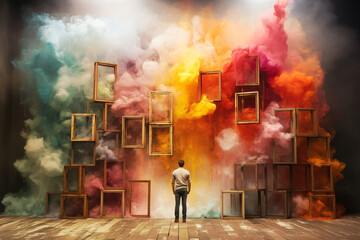 Think outside the box, colorful clouds, creative mind, brainstorming for new ideas, be innovative, no limitation
